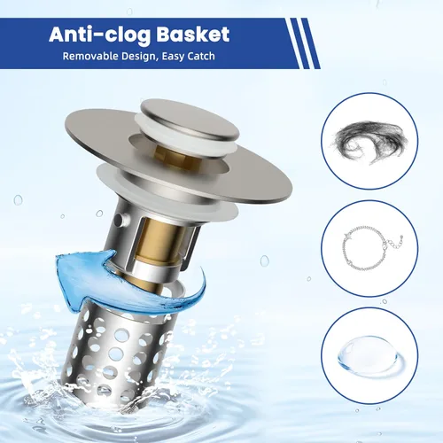 Miniatura 2 de Colador universal para desagüe de lavabo de baño atrapa cabellos, 2 piezas mejoradas con cesta de filtro de acero inoxidable extraíble, tapón