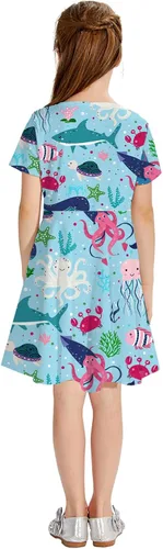 Miniatura 4 de RAISEVERN Vestido de manga corta para niña, estampado 3D, falda casual para fiesta temática de vacaciones, 2-9T
