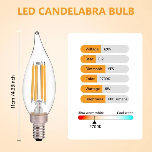 Miniatura 2 de Bombilla LED Regulable para Candelabro Equivalente a 60W, Bombilla LED E12 2700K Blanco Cálido Suave, Bombillas para Lámpara de Araña, 6W 650LM CA10