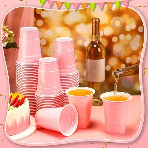 Miniatura 5 de Lounsweer 100 vasos desechables de graduación de 16 onzas para fiesta, vasos de plástico resistentes para agua potable, para cumpleaños, baby Rosa