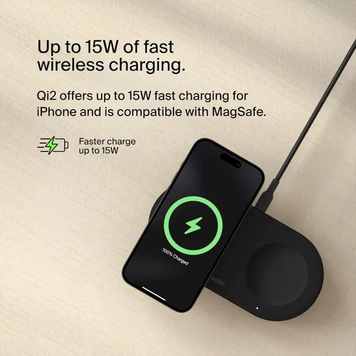 Miniatura 4 de Belkin Almohadilla de carga inalámbrica 2 en 1 con Qi2 de 15 W + puerto USB-C adicional - Cargador compatible con MagSafe, estación de carga