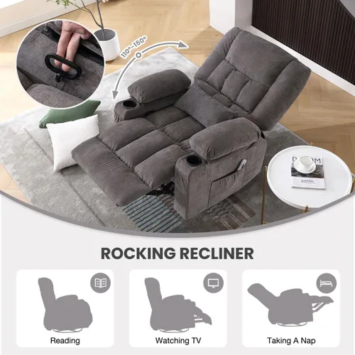 Miniatura 3 de BOSMILLER Silla reclinable de gran tamaño para adultos con masaje por vibración y calefacción lumbar, mecedora giratoria con soporte para tazas
