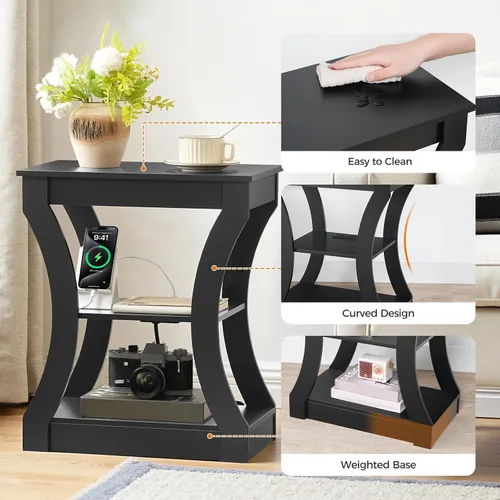 Miniatura 7 de MAHANCRIS - Mesa auxiliar negra con estación de carga, mesa auxiliar delgada con puertos USB y tomas, mesita de noche, mesita de noche de 3 niveles