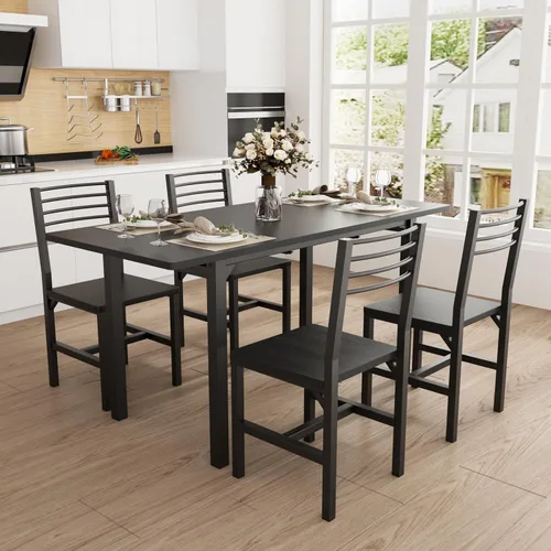 Miniatura 9 de VOWNER Juego de mesa de comedor extensible de 63 pulgadas para 4-6 personas, juego de mesa de comedor de 5 piezas para 4 personas con 4 sillas