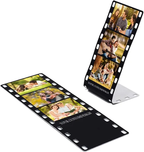 Marco de fotos con tira de película personalizada, nombres y texto, rollo de cámara personalizado retro de aluminio, regalo de imagen con logotipo