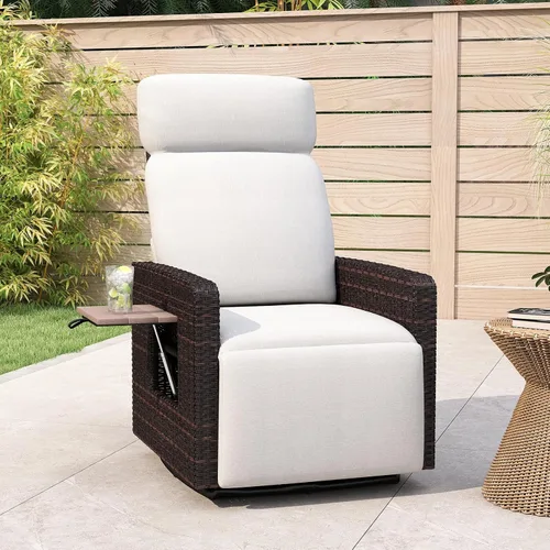 kinbor Silla reclinable para exteriores, silla giratoria de 360° con respaldo alto para patio, con mesa auxiliar abatible, cojín extraíble y Beige-1