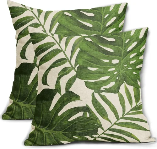 Miniatura 12 de Juego de 2 fundas de almohada de hojas verdes tropicales de 18 x 18 pulgadas, modernas hojas de palmera botánicas decorativas para exteriores