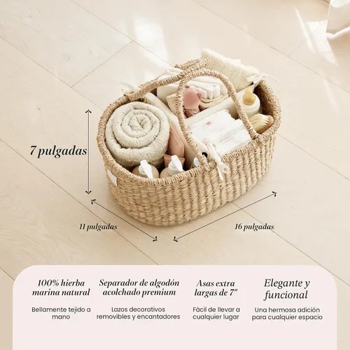 Miniatura 4 de BEBE BASK Organizador Premium de Pañales para Bebé - Cesta de Hierba Marina Hecha por Artesanos con Divisor de Algodón - Cesta Organizadora