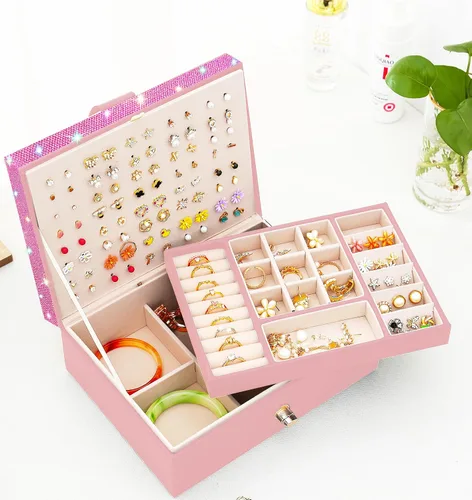 Miniatura 63 de Joyero de pendientes para mujeres y niñas, organizador de aretes de 5 capas, caja organizadora de joyas blanca con candado, collares y aretes