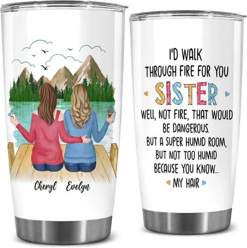 WHIDOBE Vaso personalizado para hermana (2 mujeres) personalizado de 20 onzas con avatar, nombre – Taza de viaje para mejor amiga, regalo de amistad