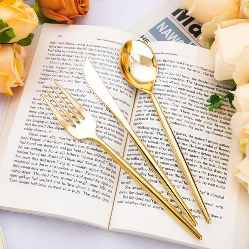Miniatura 5 de SUT 300 cubiertos de plástico dorados, utensilios dorados desechables, el juego de cubiertos de plástico dorado incluye 100 tenedores de plástico