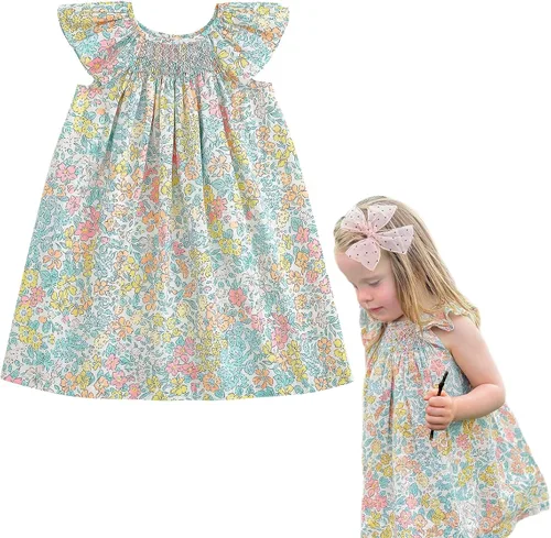 Simplee kids Vestido casual para niñas pequeñas, vestido fruncido con estampado floral para primavera y verano de 1 a 6 años