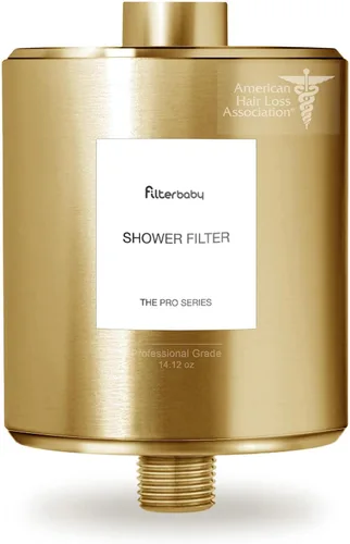 Filterbaby Filtro de ducha totalmente metálico Pro, certificado IAPMO según NSF 177, desarrollado por médicos, reduce hasta un 99% de Dorado