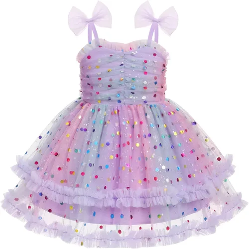 Miniatura 90 de IMEKIS Vestido de princesa de cumpleaños para niña pequeña, confeti brillante, bohemio, arco iris, pastel, sesión de fotos, traje para 1-6T