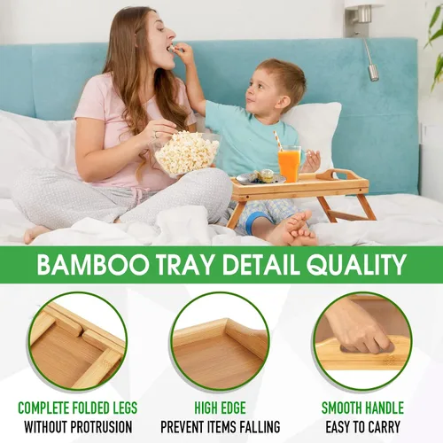 Miniatura 4 de Artmeer Mesa Bandeja de Cama con Patas Plegables, Bandeja de Desayuno de Bambú con Asas Ideal para Sofá, Cama, Comer, Trabajar, Usada Como