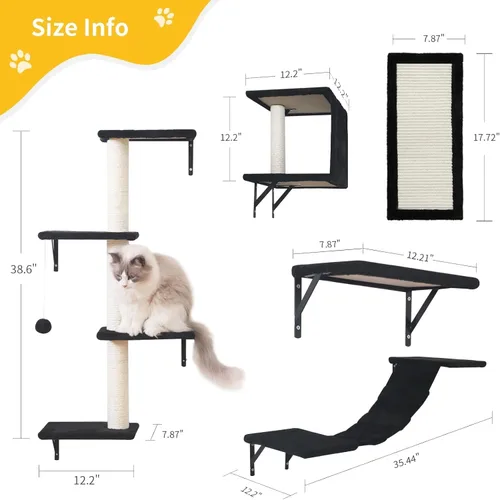 Miniatura 6 de Muebles modernos para gatos montados en la pared, 5 estantes de pared para gatos, escalador de madera incluye casa, puente, árbol, escalones