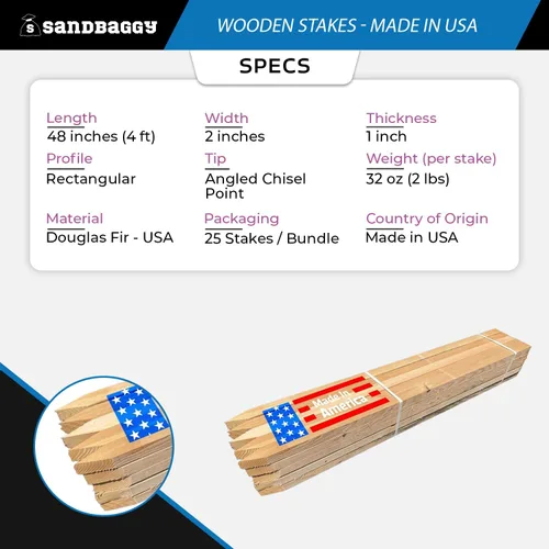 Miniatura 2 de Sandbaggy Estacas de madera de 48 pulgadas, resistentes para construcción, jardinería, topografía, formas de hormigón, punta de cincel, madera