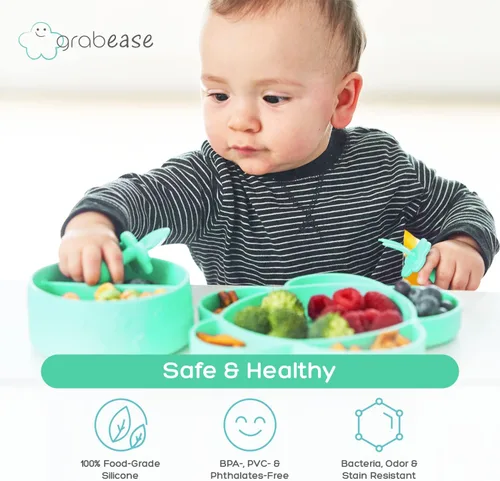 Miniatura 5 de Grabease Juego de platos y cuencos de silicona para bebés, base de succión fuerte y cuencos con succión, fomenta la autoalimentación con utensilios