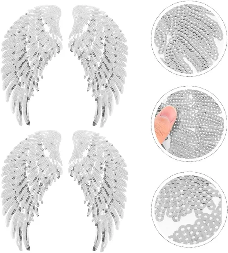 Miniatura 8 de Sequin Angel Wings Applique Patch 2 Pairs Silver DIY Clothing Sewing Patch for Jackets and Clothes Decoration