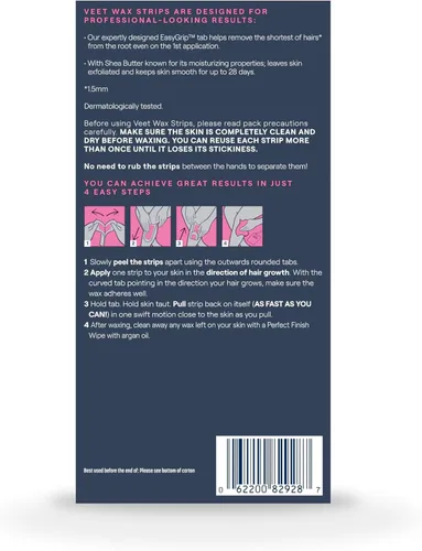 Miniatura 8 de VEET Kit de depilación listo para usar para mujeres, tiras de cera para depilación corporal, kit de cera para piernas y cuerpo, producto de cuidado