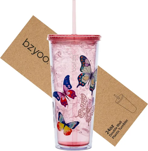 Miniatura 11 de bzyoo SIP - Vaso de plástico de doble pared de 24 onzas (710ml) con tapa y pajita, taza de viaje para bebidas frías reutilizable, café helado, taza
