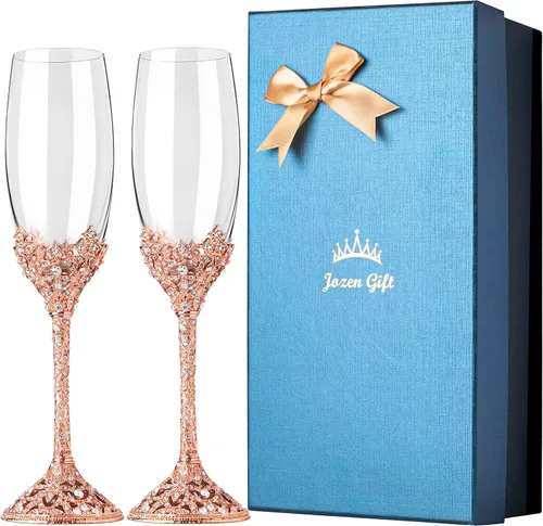 Copas de champán - Juego de 2 pares de flautas de champán con base de metal de cristal y piedras de cristal, para brindis, aniversarios, bodas, Oro