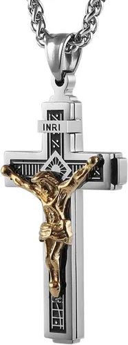 HZMAN Católico Jesucristo en INRI Cruz Crucifijo Oro Plata Tono Acero Inoxidable Colgante Collar 22+2 Cadena