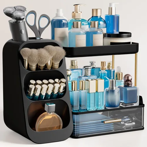 Miniatura 15 de HBlife Organizador de maquillaje con soporte para brochas para tocador, organizador grande de plástico para tocador de baño, almacenamiento