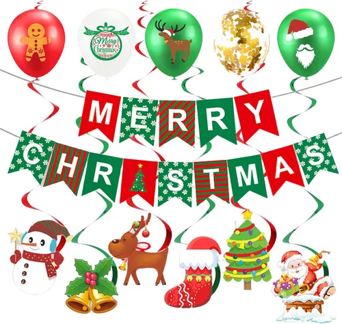 Cartel de decoración de Feliz Navidad, decoración colgante de interior para fiesta de Navidad con 6 serpentinas en espiral y 14 globos para
