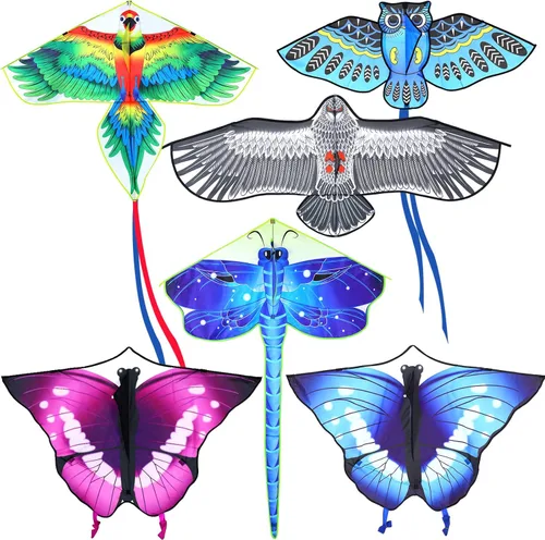 Leitee Paquete de 6 cometas grandes para niños y adultos, cometa de mariposa para niños de 4 a 8 a 12 años, libélula, búho, loro, águila, pez