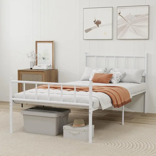 Miniatura 3 de Marco de cama de plataforma de metal individual con cabecero, soporte de listones de acero resistente, no necesita somier, fácil montaje, blanco