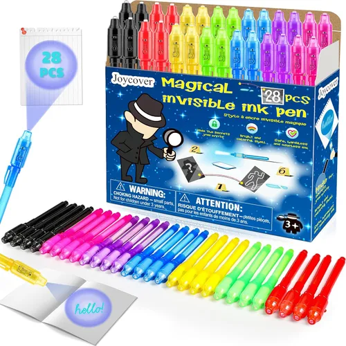 Joycover Bolígrafo de tinta invisible con luz UV para niños, 28 unidades de bolígrafos espías para niños de 4 a 8 a 12 años, suministros de fiesta