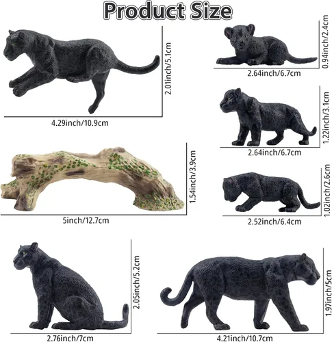 Miniatura 2 de Toymany 7 Piezas Figuras de Panteras Negras con Cachorro de Pantera y Tronco de Árbol, Figuras Realistas de Animales de la Selva Juego Familiar