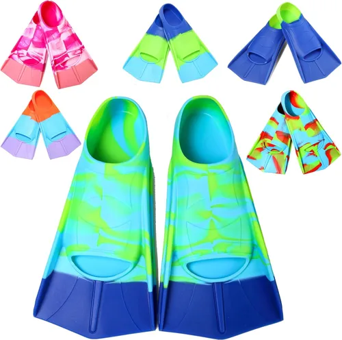 Miniatura 6 de Aletas de Natación para Niños, Aletas Cortas Cómodas para Natación de Vueltas y Entrenamiento para Niños, Niñas, Niños, Principiantes Azul y lima