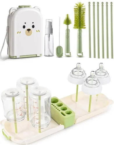 Kit limpiador de botellas de viaje, 7 en 1, juego de cepillos de silicona esenciales de viaje para bebés, pezón, estante de secado, limpieza de Verde