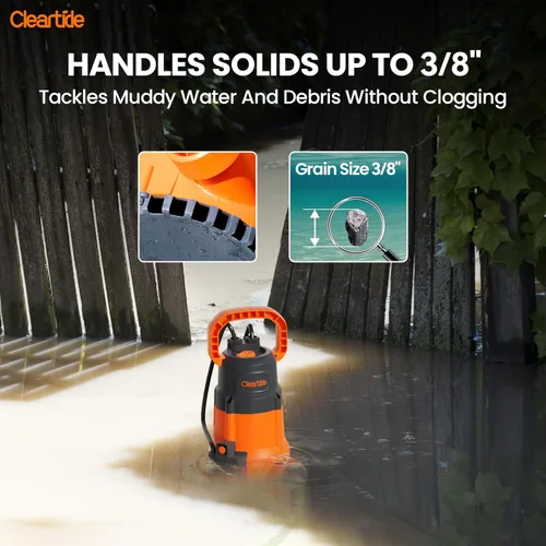 Miniatura 7 de Cleartide Bomba sumergible de 1/3 HP, 2790 GPH de alto flujo, bomba de sumidero portátil con sensor de agua automático, ideal para sótano y patio