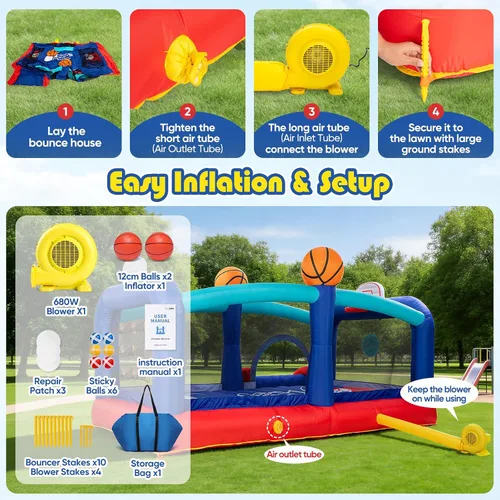 Miniatura 4 de Casa inflable de baloncesto extragrande para niños grandes de 8 a 12 años, castillo hinchable inflable de 16 pies con tobogán y aros dobles, puente