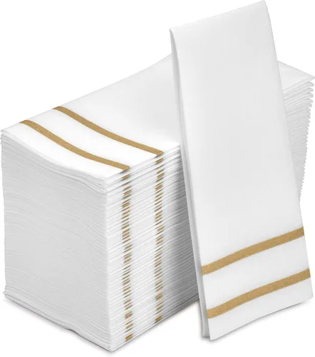 Fete Toallas de mano decorativas desechables, diseño dorado, 100 toallas de invitados de lino – Cena formal, aniversario y servilletas de boda para