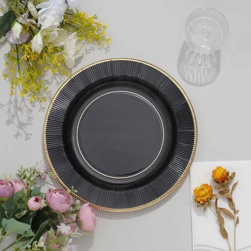 Miniatura 8 de Efavormart 25 Pack Platos de papel para servir y cenar de 10" en negro metálico con rayos de sol, platos desechables para fiestas - 350 GSM