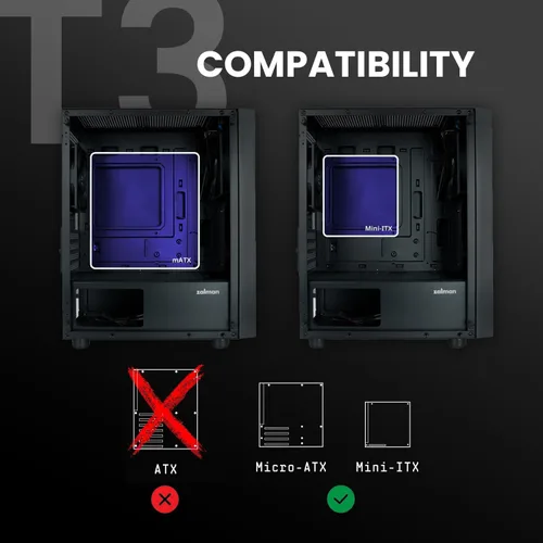 Miniatura 7 de Zalman Funda para PC T3 Micro-ATX MATX, incluye 2 ventiladores no RGB de 4.724 in, panel lateral de vidrio templado completo, USB 3.0, compatible
