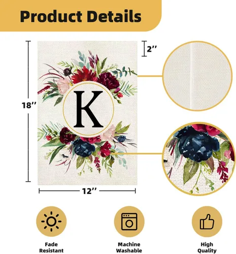 Miniatura 3 de Banderas de jardín con monograma de letra K, bandera de jardín de verano de 12 x 18 pulgadas, banderas florales de doble cara para patio, bandera
