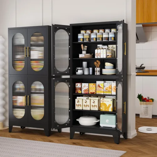 GAIOUS Vitrina de metal negro con puertas acrílicas, armarios de despensa de cocina con 4 estantes ajustables y pies, almacenamiento alto y versátil