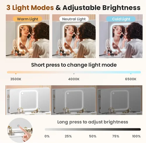 Miniatura 8 de Pamapic - Escritorio de maquillaje con 11 cajones y espejo plegable, tocador de maquillaje con superficie de vidrio y luces LED, 3 modos