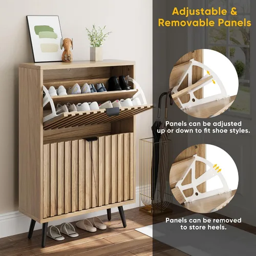 Miniatura 4 de Smuxee Armario de zapatos con 2 cajones abatibles, gabinete de almacenamiento de zapatos oculto natural de 23.6 pulgadas con diseño estriado