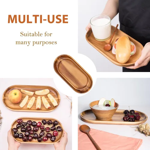 Miniatura 3 de VieWood Bandejas de madera de acacia, juego de 2 bandejas para servir para decoración del hogar, tabla de servir de madera para frutas, cupcakes