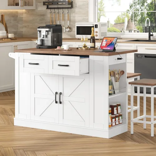Miniatura 2 de Keyluv Isla de almacenamiento de cocina con 2 taburetes, carrito de cocina móvil de 51.2 pulgadas con hoja de caída y toma de corriente, mesa