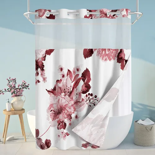 Miniatura 14 de Juego de cortina de ducha y forro sin gancho, cortinas de ducha florales negras para baño, juegos de cortinas de baño de hotel moderno con forro a