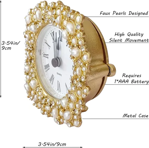 Miniatura 2 de Silent Mini Reloj de Mesa Analógico Vintage con Cuerpo de Metal con Perlas Sintéticas y Núcleo Sin Tictac Operado por Batería para Estante