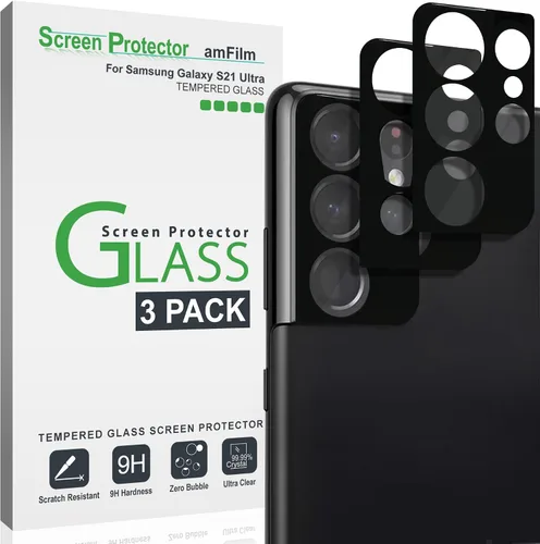 amFilm Paquete de 3 protectores de pantalla de cámara para Samsung Galaxy S21 Ultra 5G de 6.8 pulgadas, protector de lente de cámara de vidrio Negro