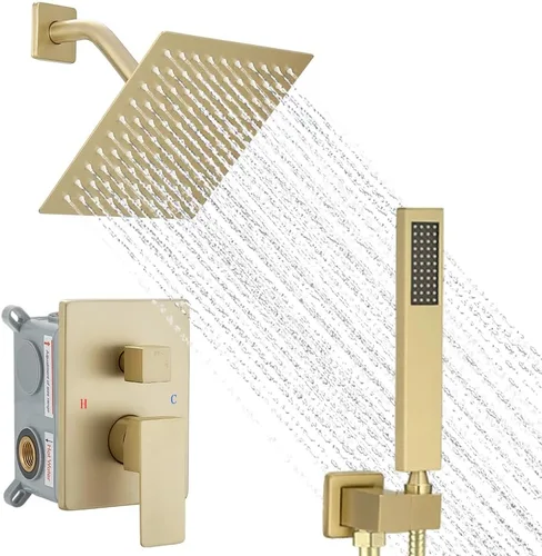 Sistema de ducha dorado cepillado, ducha de lluvia de alta presión de 8 pulgadas con mano, juego de grifo de ducha de montaje en pared para baño,